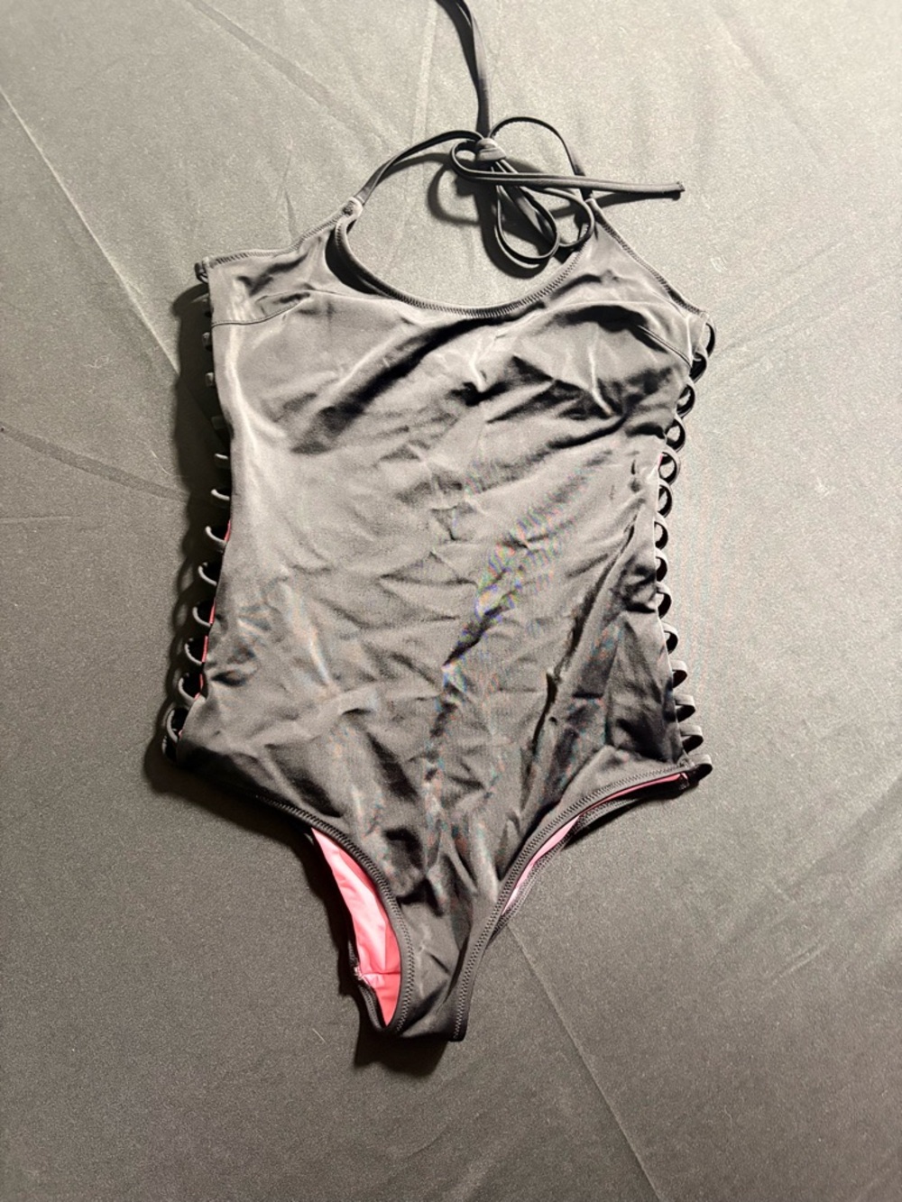 PINK Black One-Piece Swimsuit with Side Lace-Up and Pink Lining Small